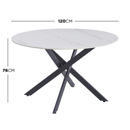 Stoten Round Dining Table White Marble features a round faux-marble top with a 120 cm diameter, supported by a black crisscross metal base, combining modern elegance and functionality.