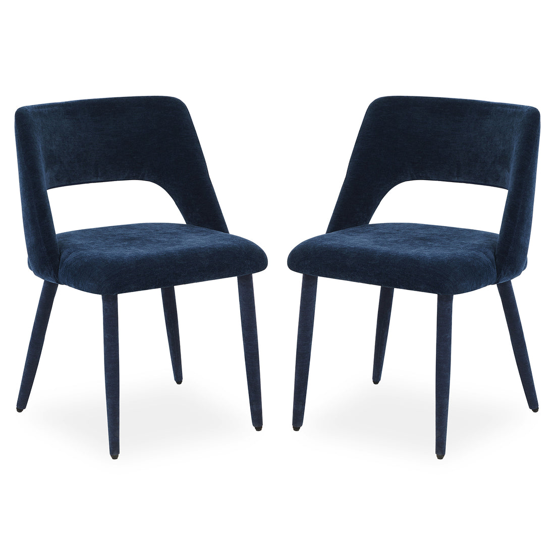 Two dark blue velvet chairs side by side on a white background