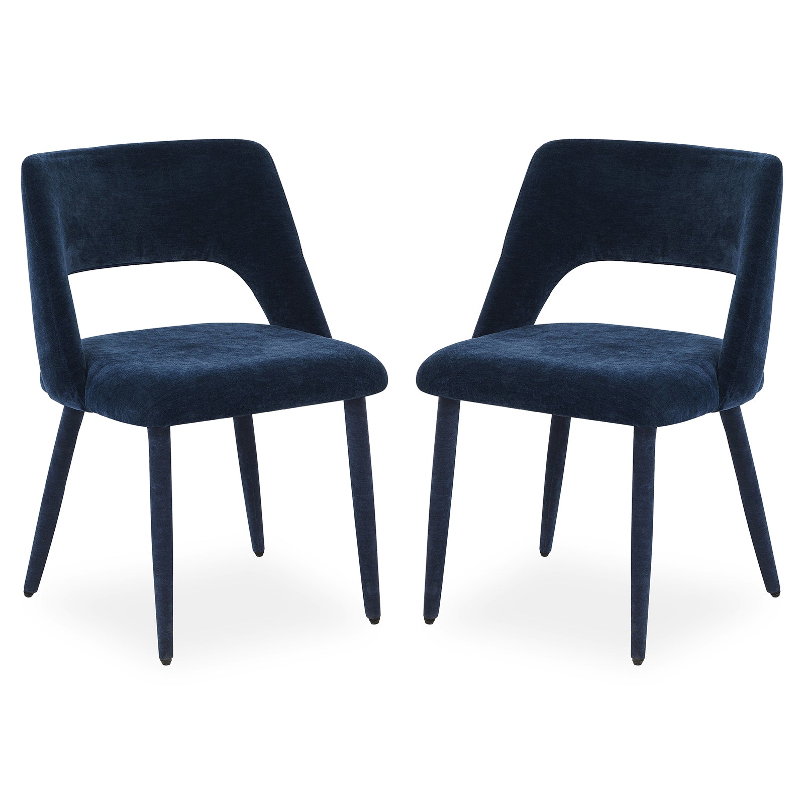 Two dark blue velvet chairs side by side on a white background
