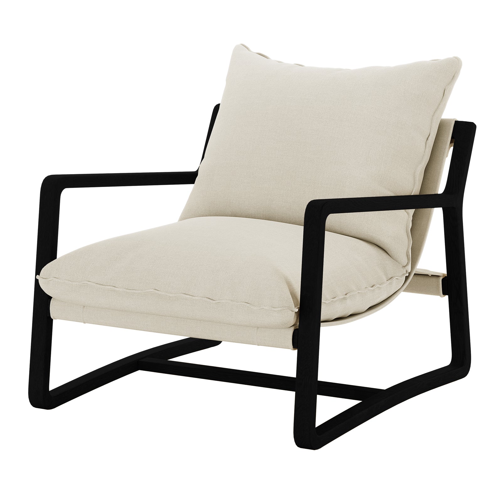 Tilly Linen Hardwood Arm Chair Black, featuring a minimalist design with black legs and a solid oak frame. The chair includes removable, plush cushions, providing both comfort and durability for versatile home use.
