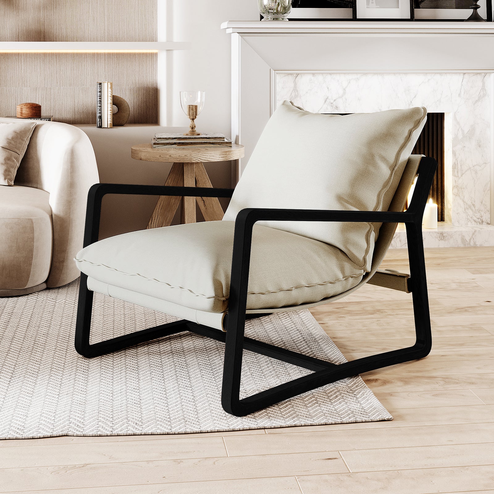 Tilly Linen Hardwood Arm Chair Black with a solid oak frame and plush high-density foam cushions, featuring a minimalist design perfect for modern interiors.