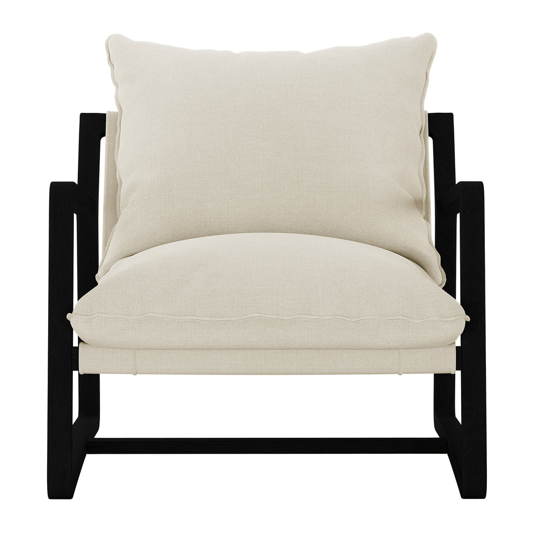 Tilly Linen Hardwood Arm Chair with thick white cushions, showcasing black legs and a minimalist design. The close-up highlights the plush comfort and modern elegance of this durable chair.