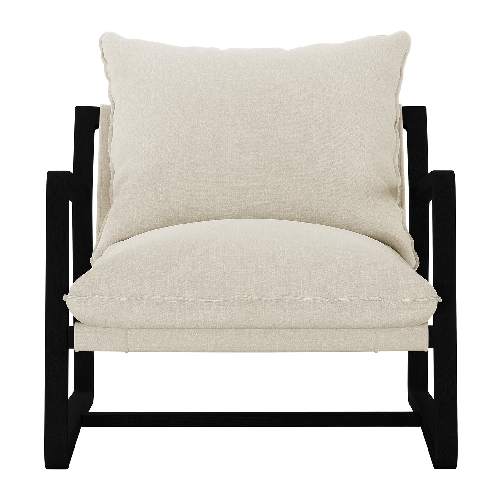 Tilly Linen Hardwood Arm Chair with thick white cushions, showcasing black legs and a minimalist design. The close-up highlights the plush comfort and modern elegance of this durable chair.