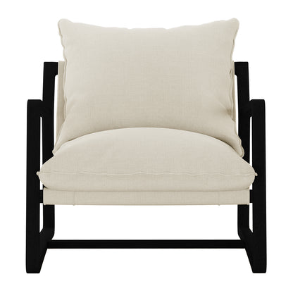 Tilly Linen Hardwood Arm Chair with thick white cushions, showcasing black legs and a minimalist design. The close-up highlights the plush comfort and modern elegance of this durable chair.