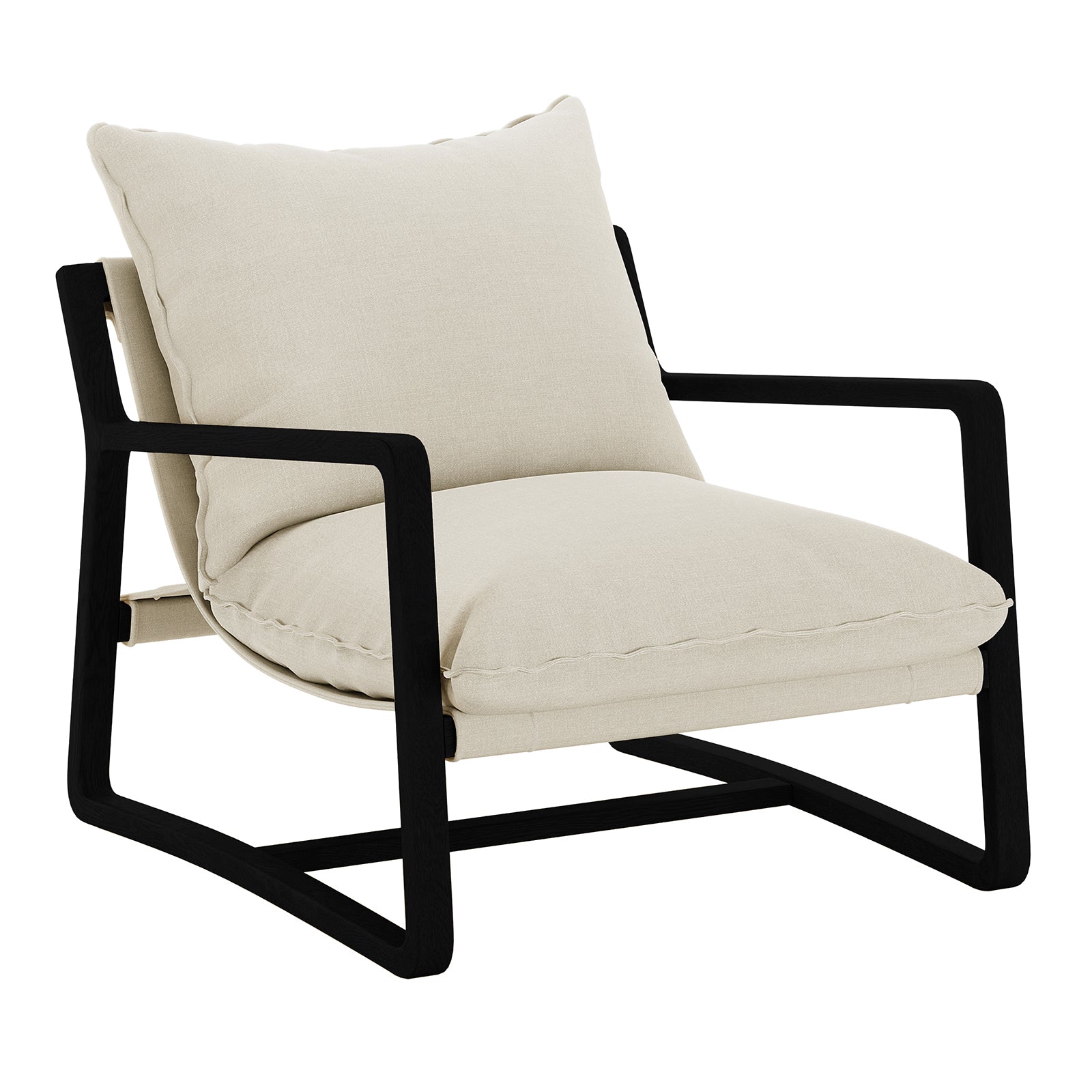 Close-up of the Tilly Linen Hardwood Arm Chair Black with a sleek white cushion and sturdy black legs, showcasing its minimalist design and solid craftsmanship ideal for modern interiors.