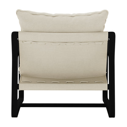 Tilly Linen Hardwood Arm Chair Black featuring a close-up of its cushion and fabric texture, showcasing the chair's elegant design and high-density foam for superior comfort.