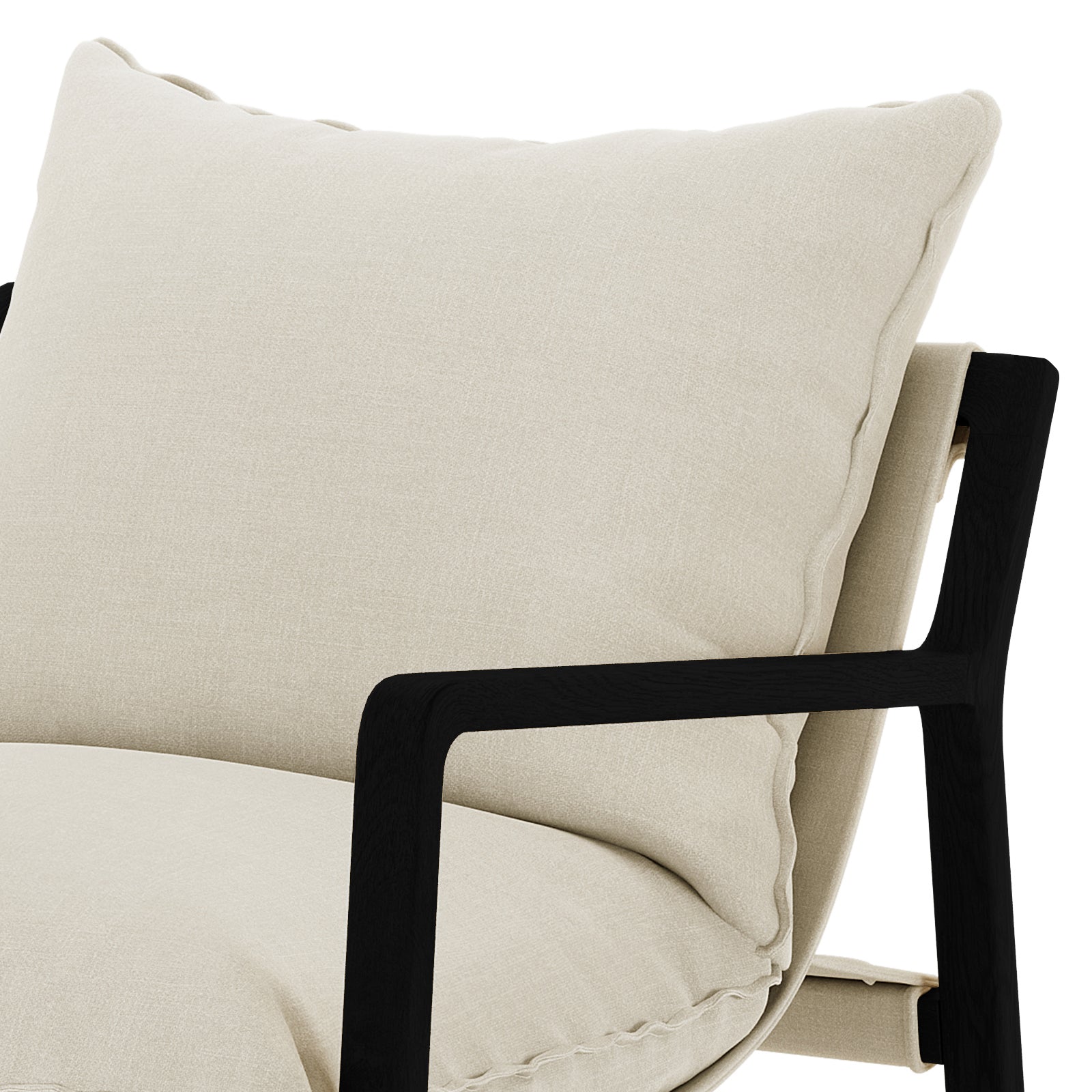 Close-up of the Tilly Linen Hardwood Arm Chair, showcasing its plush cushion and solid oak frame, highlighting the chair's modern design and craftsmanship.