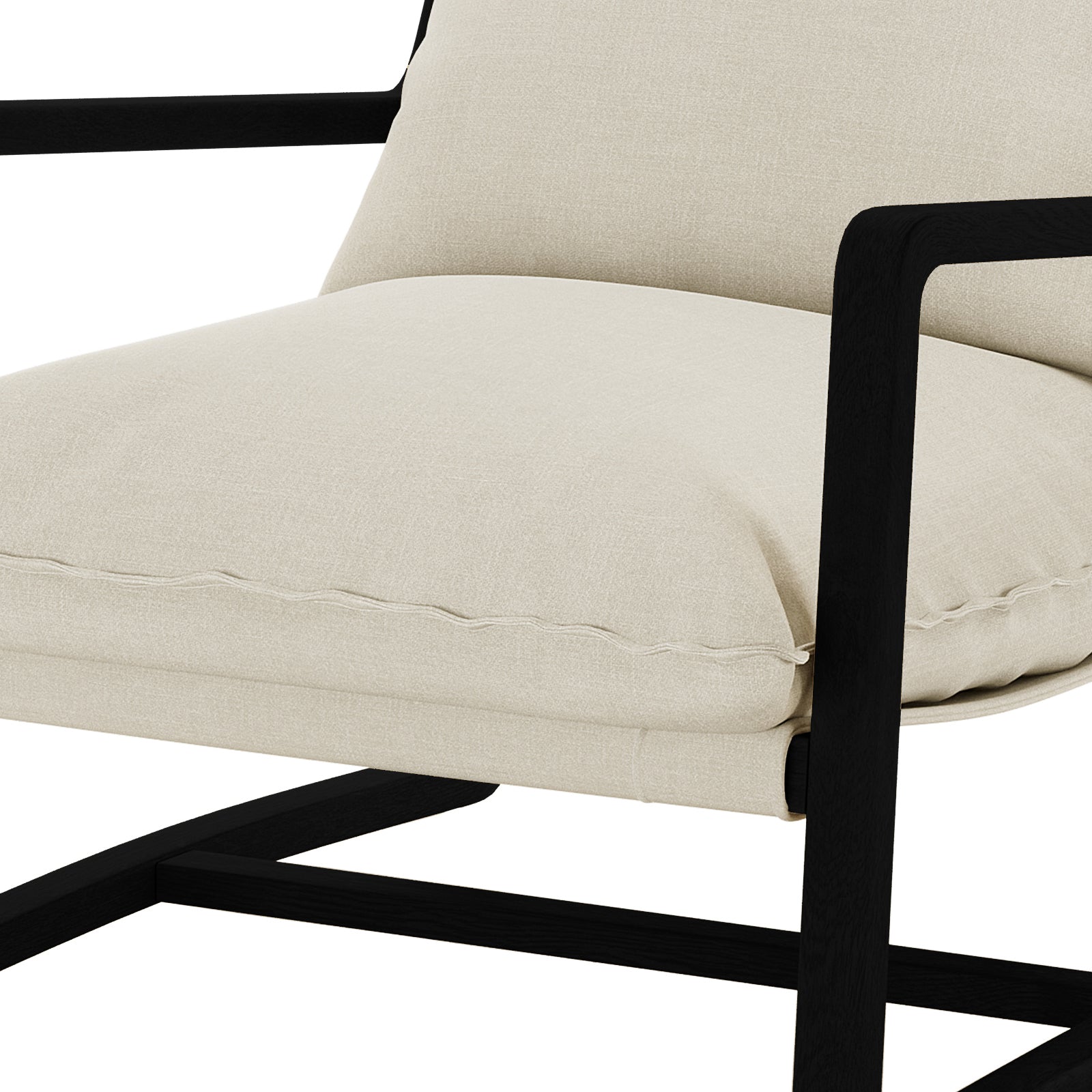 Tilly Linen Hardwood Arm Chair Black, showcasing a close-up of its sturdy oak frame and plush, high-density foam cushions, emphasizing its minimalist design and exceptional comfort in a modern living space.