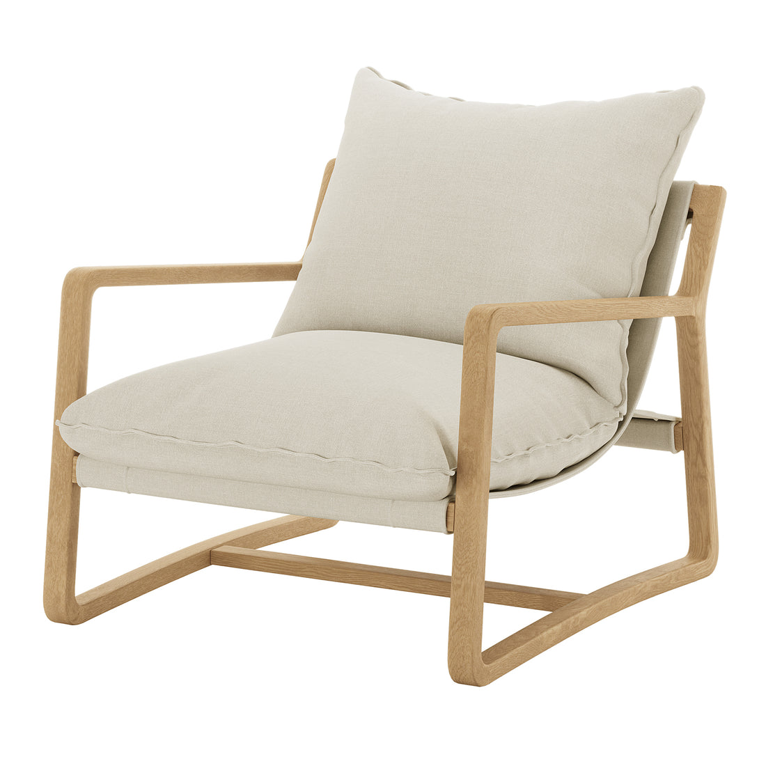 Tilly Linen Hardwood Arm Chair Natural features a white cushion on a wooden-framed chair, highlighting its minimalist design and superior comfort, ideal for modern living spaces.