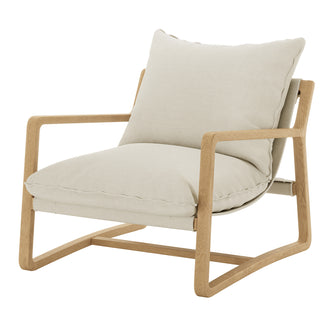 Tilly Linen Hardwood Arm Chair Natural features a white cushion on a wooden-framed chair, highlighting its minimalist design and superior comfort, ideal for modern living spaces.
