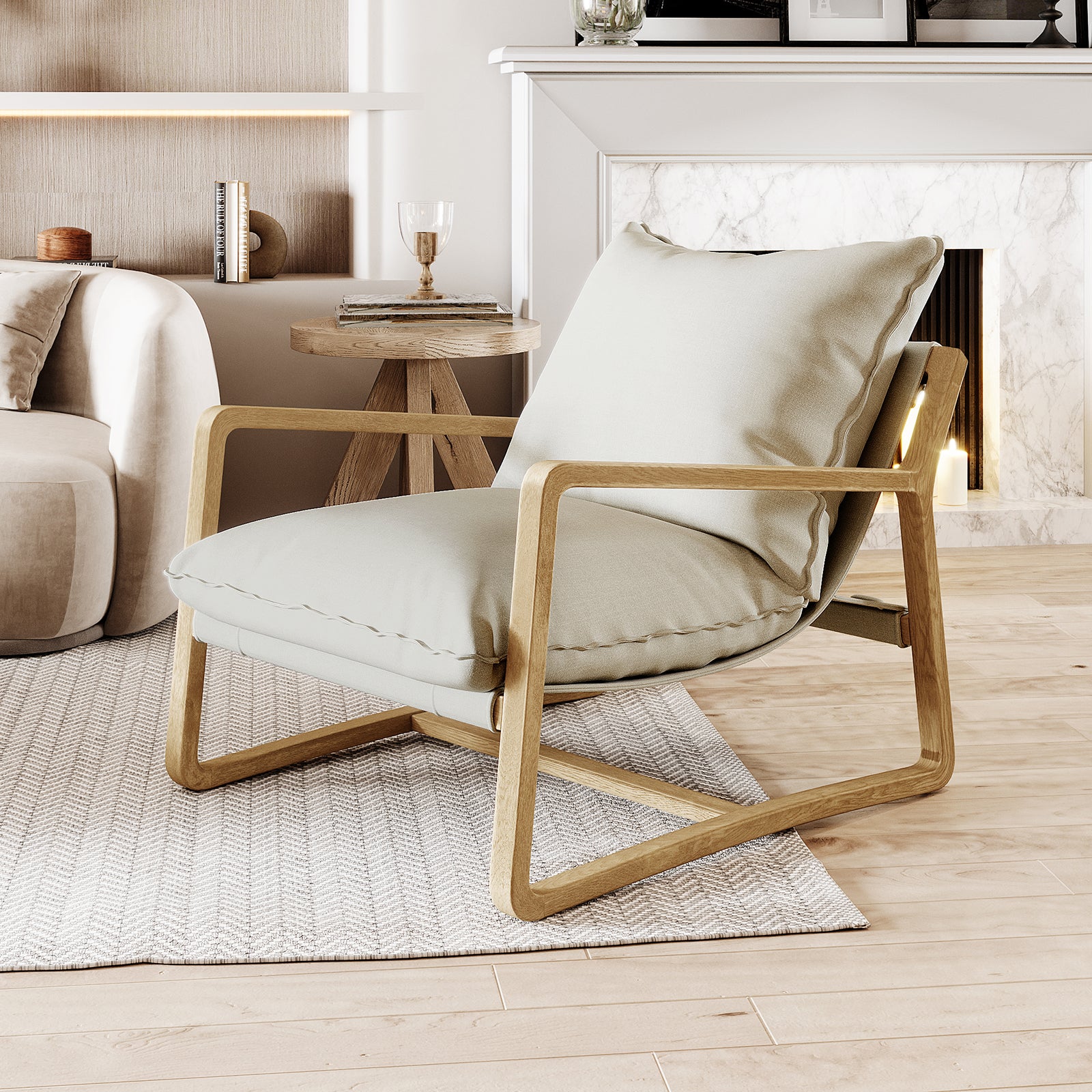 Tilly Linen Hardwood Arm Chair Natural, showcasing a solid oak frame with plush, removable cushions. Features elegant, minimalist design with anti-slip pads visible, emphasizing its modern farmhouse style.