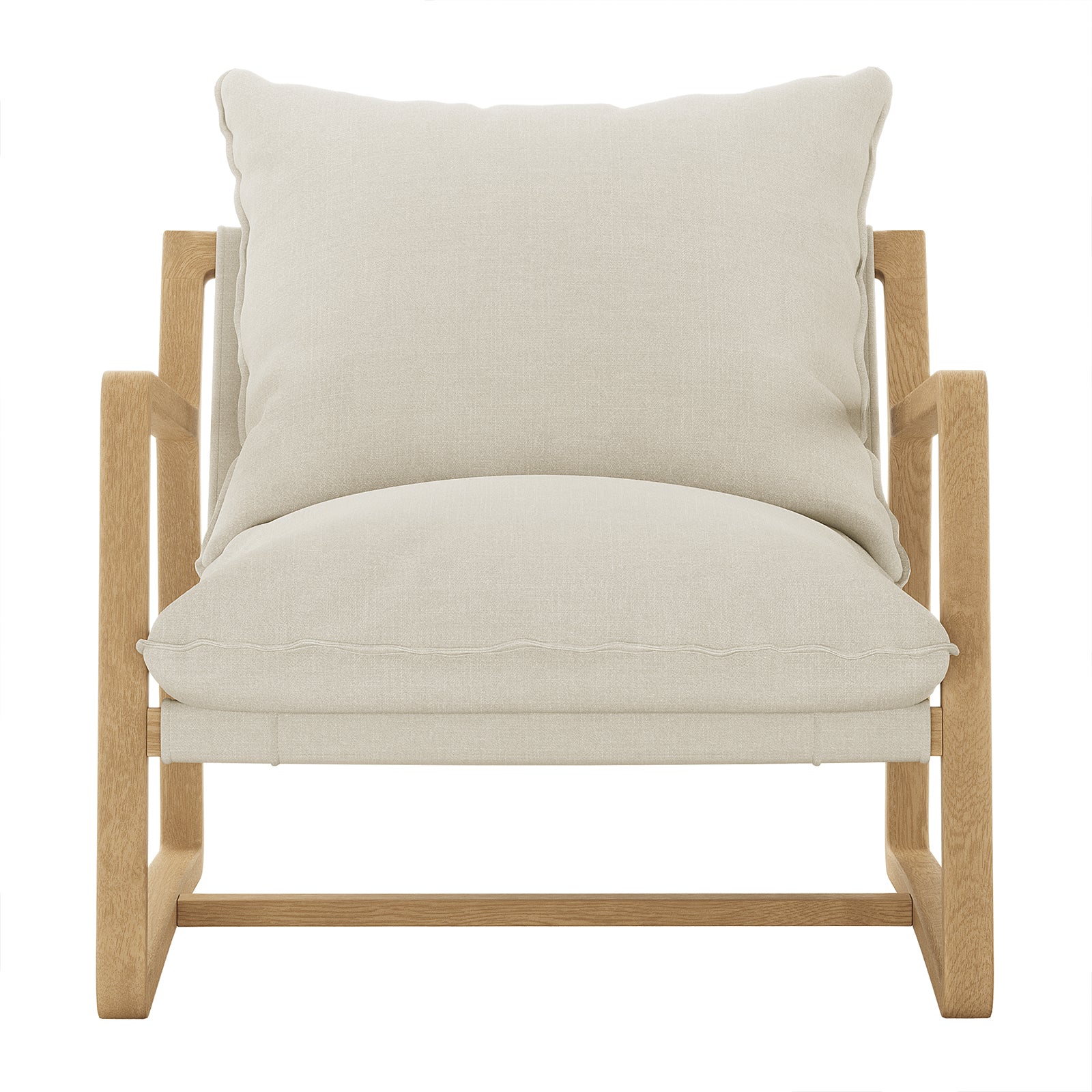 Close-up of the Tilly Linen Hardwood Arm Chair, highlighting its solid oak frame, plush white cushion, and minimalist design. The armrest and futon pad emphasize its comfort and durability.