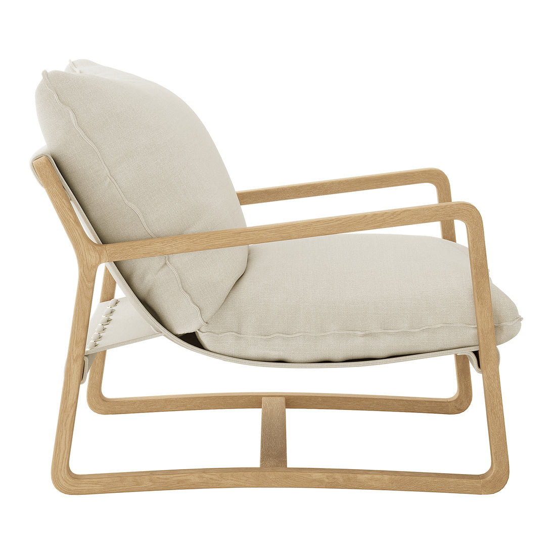 Close-up of the Tilly Linen Hardwood Arm Chair, showcasing its sleek armrests and plush futon pad, highlighting the minimalist design and craftsmanship evident in the sturdy American oak frame.