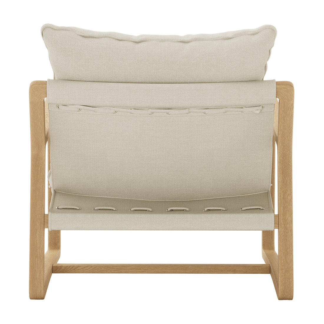 Close-up of the Tilly Linen Hardwood Arm Chair, highlighting its thick white cushion, textured fabric, and sturdy wooden frame, showcasing its minimalist and stylish design for modern living spaces.