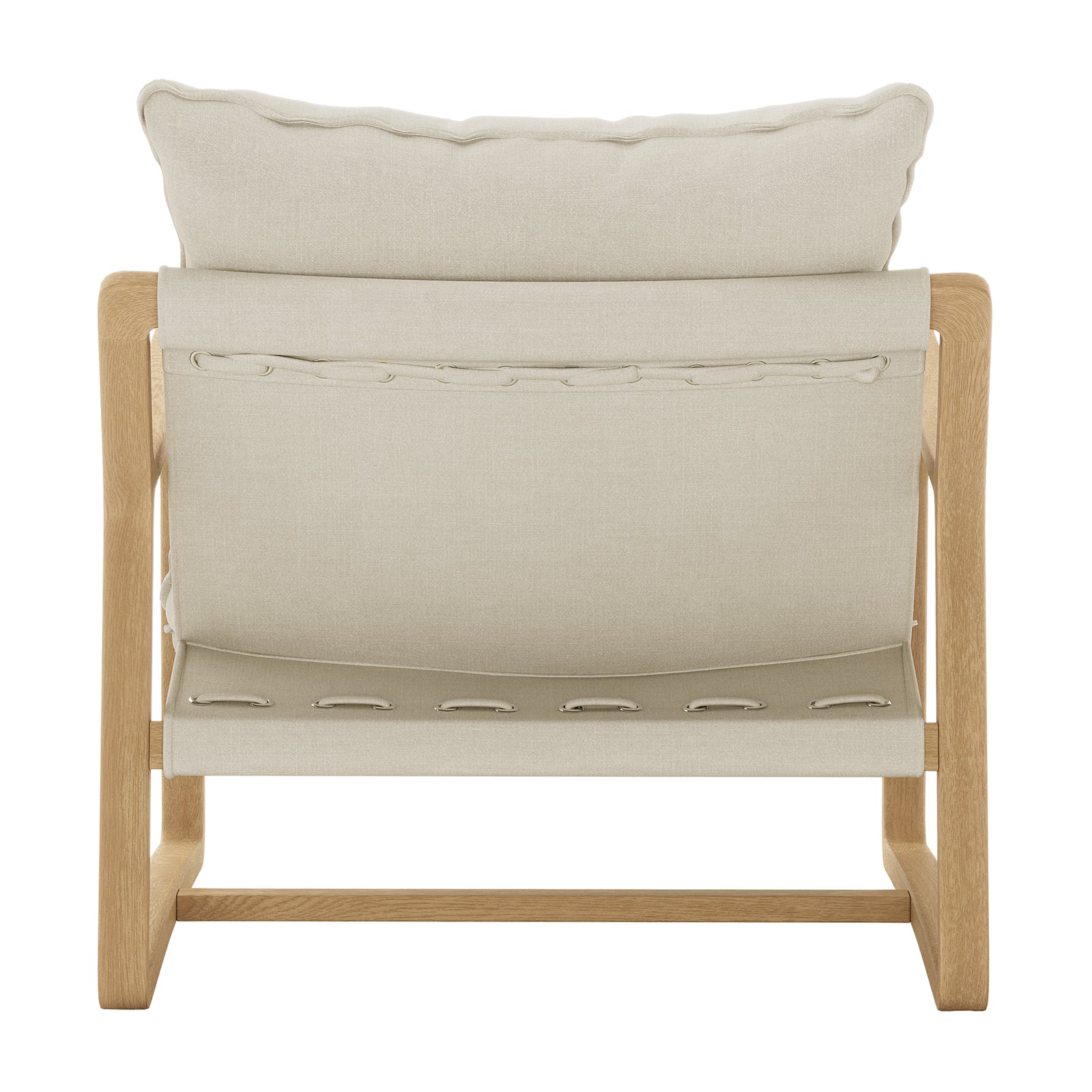 Close-up of the Tilly Linen Hardwood Arm Chair, highlighting its thick white cushion, textured fabric, and sturdy wooden frame, showcasing its minimalist and stylish design for modern living spaces.