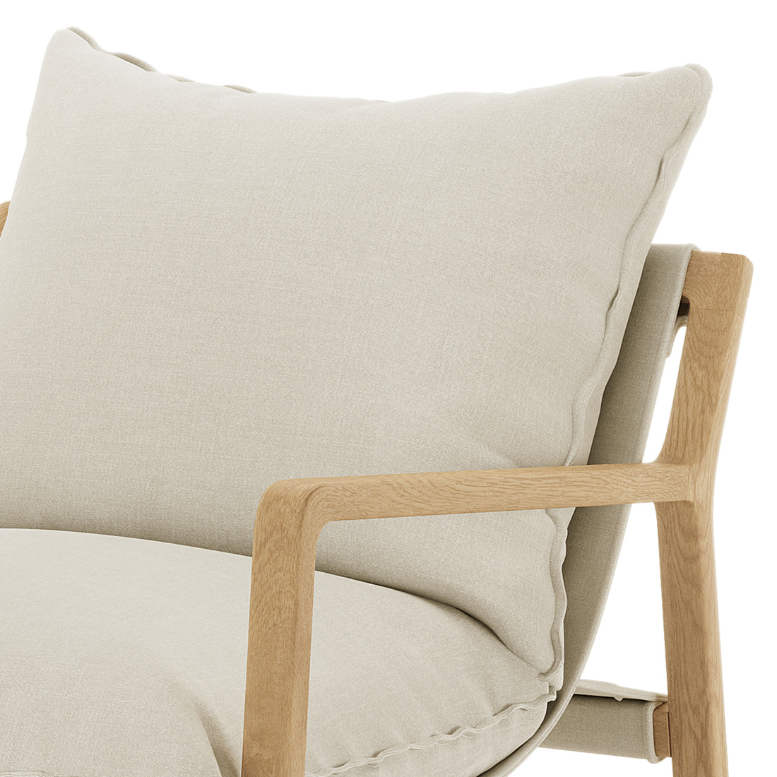 Tilly Linen Hardwood Arm Chair featuring a solid oak frame, plush high-density foam cushions, and a minimalist design, highlighting its stylish and durable construction for modern living spaces.