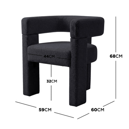 Utah Bouclé Curved 3 Legged Accent Chair in Black, featuring plush bouclé upholstery, unique 3-legged design, and ergonomic U-shaped backrest, showcased against a white background with dimensions highlighted.