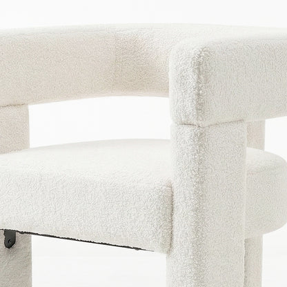 Utah Bouclé Curved 3 Legged Accent Chair in Cream, showcasing soft, nubby bouclé fabric, rounded seat, low curved backrest, and chunky cylindrical legs, creating a modern, ergonomic focal point.