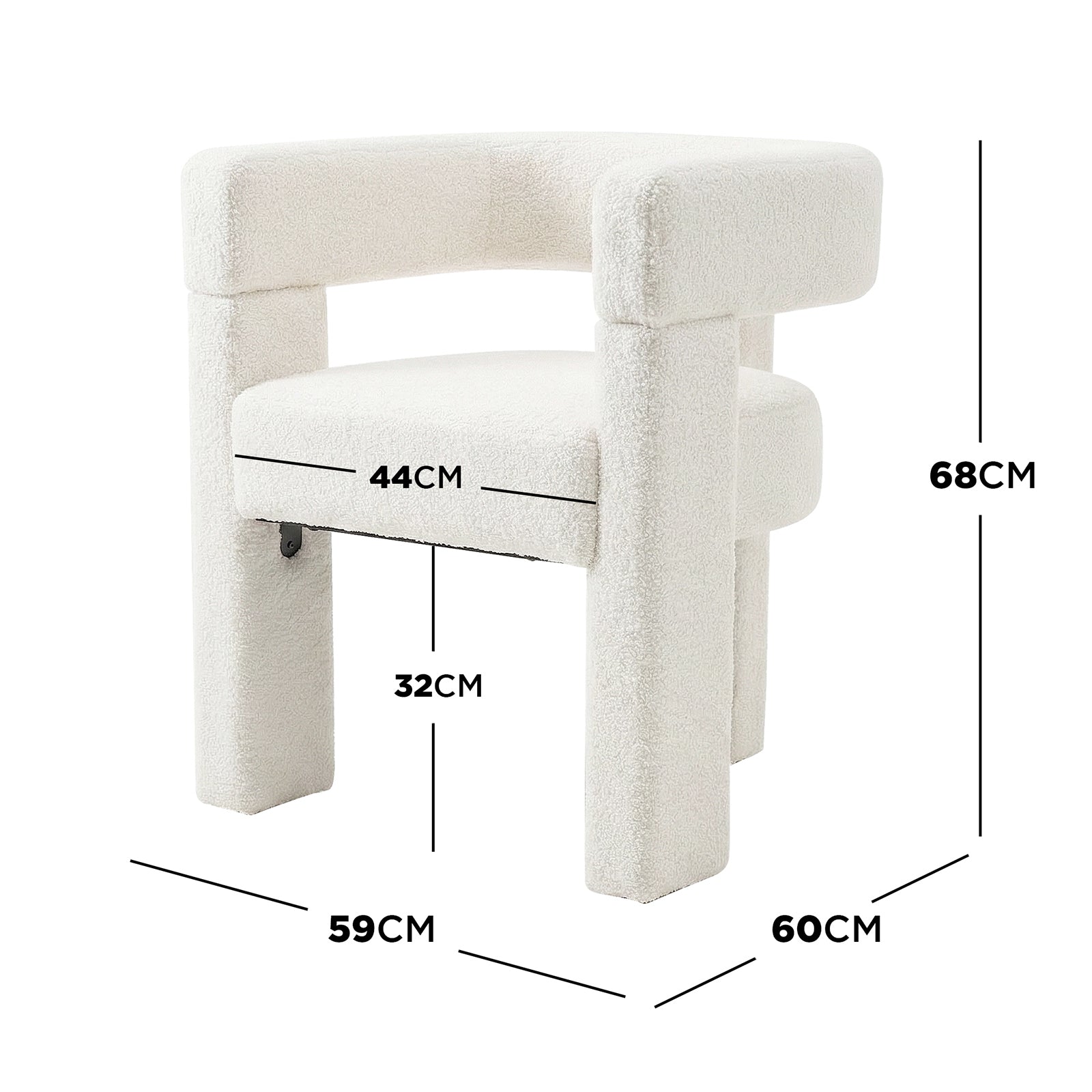 Utah Bouclé Curved 3 Legged Accent Chair in Cream features a wraparound backrest, chunky legs, and luxurious bouclé upholstery, providing ergonomic support and style with dimensions noted for precise fitting.