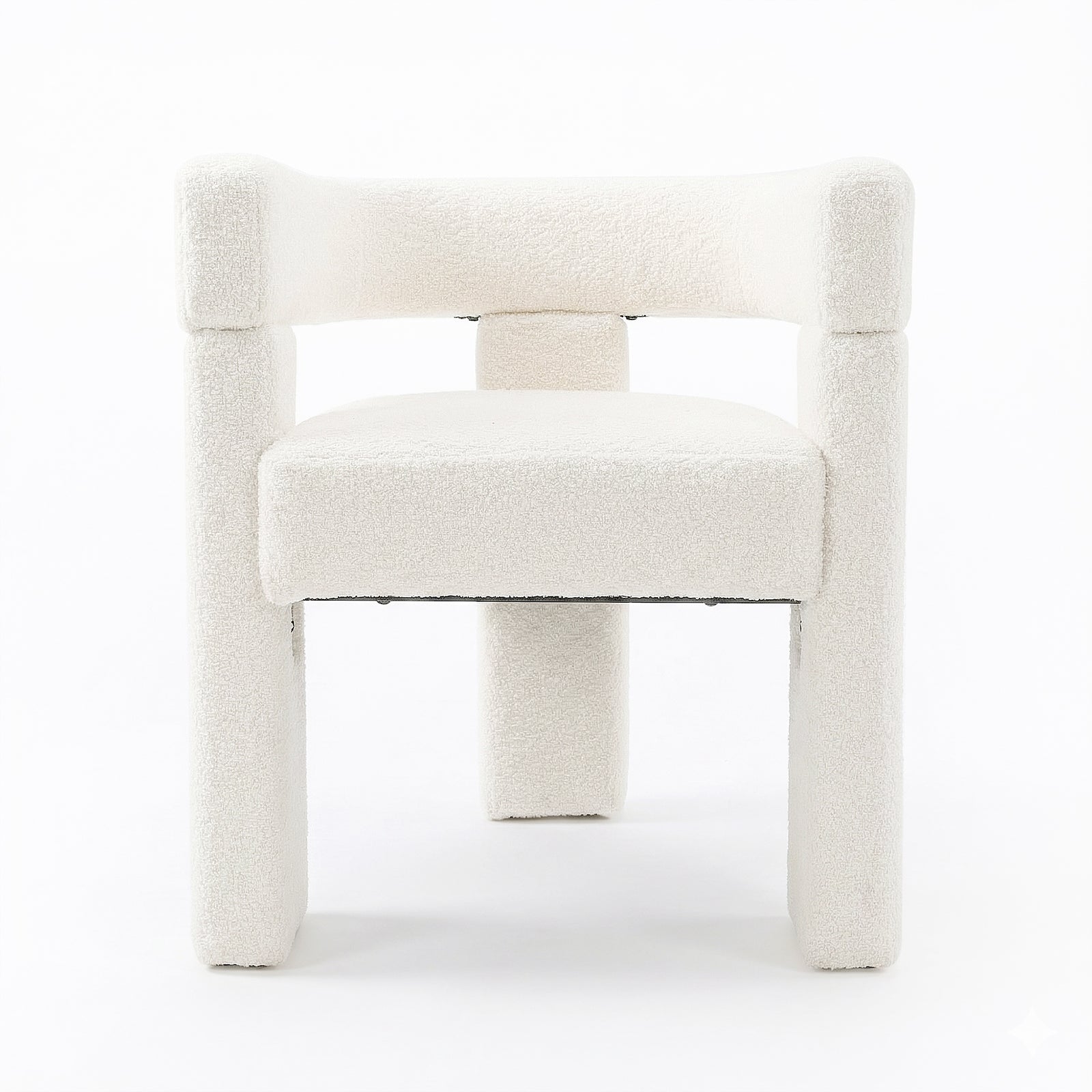Utah Bouclé Curved 3 Legged Accent Chair in Cream, featuring a tubular frame and soft white boucle upholstery, with a low-slung design, rectangular seat cushion, and integrated straight backrest-arm supports.