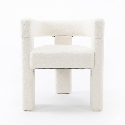 Utah Bouclé Curved 3 Legged Accent Chair in Cream, featuring a tubular frame and soft white boucle upholstery, with a low-slung design, rectangular seat cushion, and integrated straight backrest-arm supports.