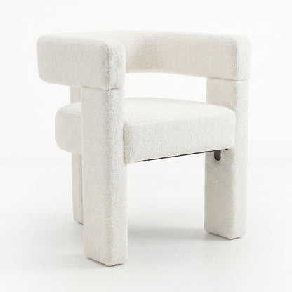 Utah Bouclé Curved 3 Legged Accent Chair in Cream features a chunky, curved backrest and unique three-legged design, upholstered in soft, textured bouclé fabric, offering sophisticated style and ergonomic comfort.