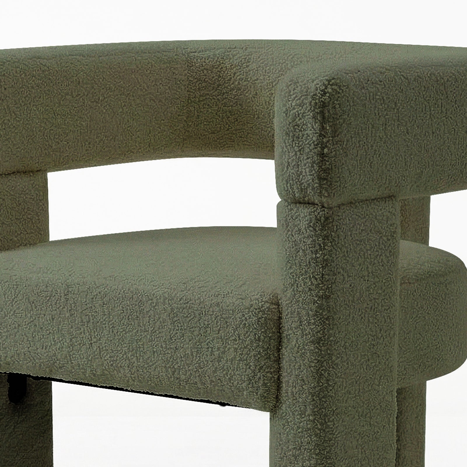Utah Bouclé Curved 3 Legged Accent Chair in Green, featuring a textured gray-green fabric, rounded seat cushion, and curved backrest with high armrests, supported by chunky cylindrical legs for a modern look.