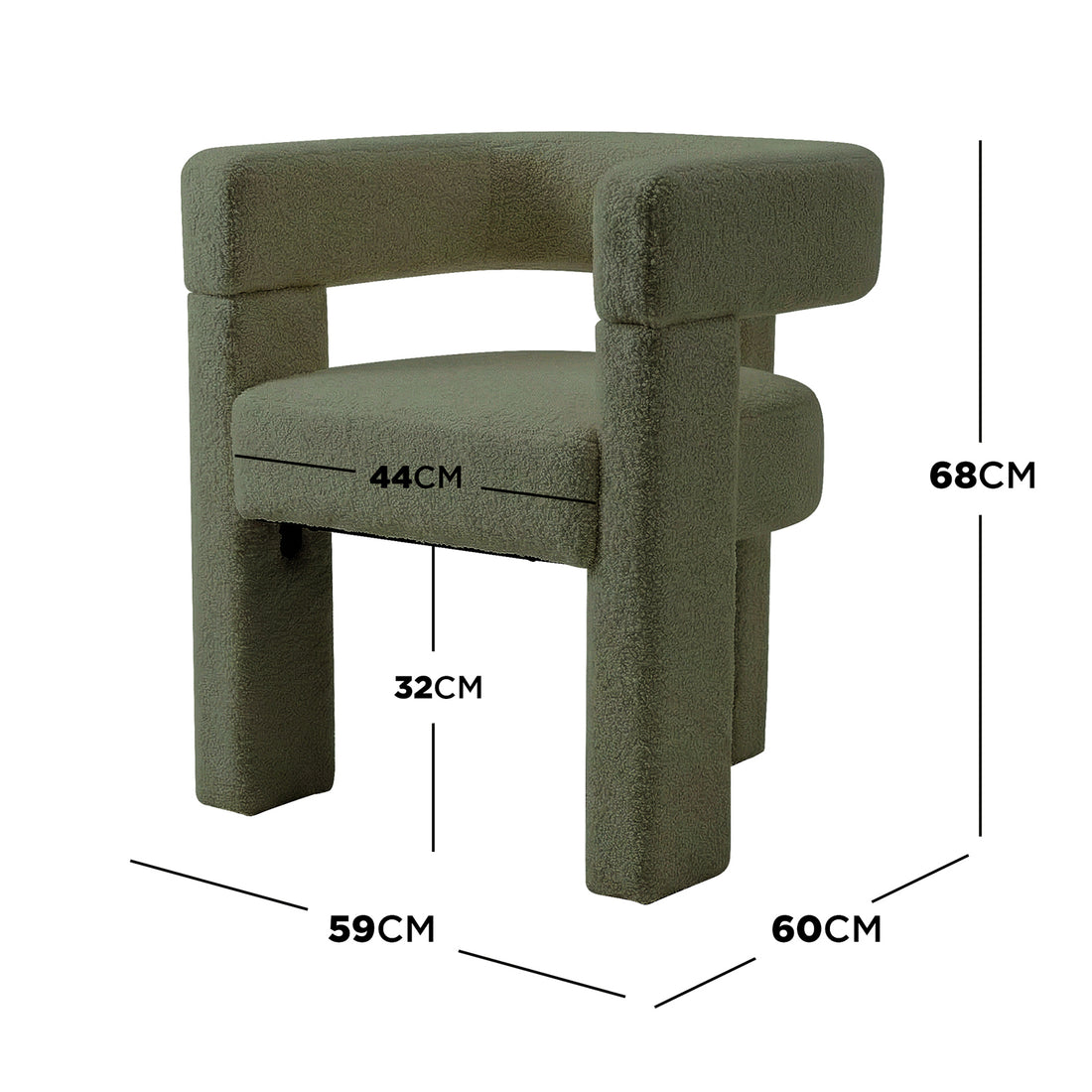 Utah Boucle Curved 3 Legged Accent Chair in Green, featuring a plush, boucle-style fabric, a low blocky frame with wide armrests, and unique three-legged design, showcasing key dimensions for compact elegance.