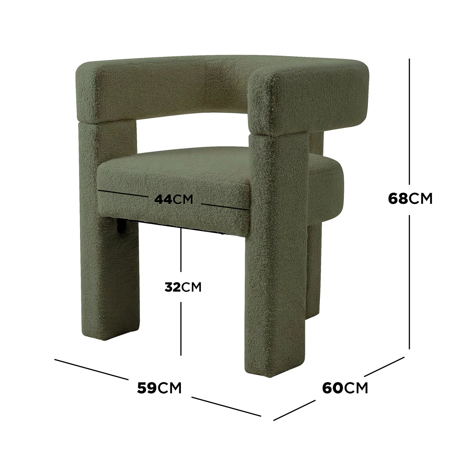 Utah Boucle Curved 3 Legged Accent Chair in Green, featuring a plush, boucle-style fabric, a low blocky frame with wide armrests, and unique three-legged design, showcasing key dimensions for compact elegance.