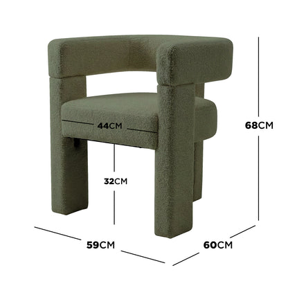 Utah Boucle Curved 3 Legged Accent Chair in Green, featuring a plush, boucle-style fabric, a low blocky frame with wide armrests, and unique three-legged design, showcasing key dimensions for compact elegance.