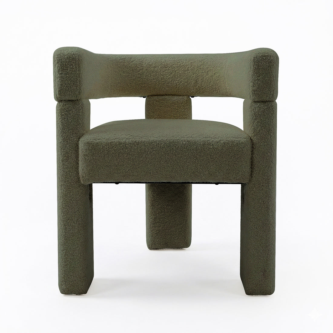 Utah Bouclé Curved 3 Legged Accent Chair in Green, featuring a geometric design with tubular legs and a textured fabric. Its sculptural form and ergonomic backrest offer a modern, minimalist aesthetic.
