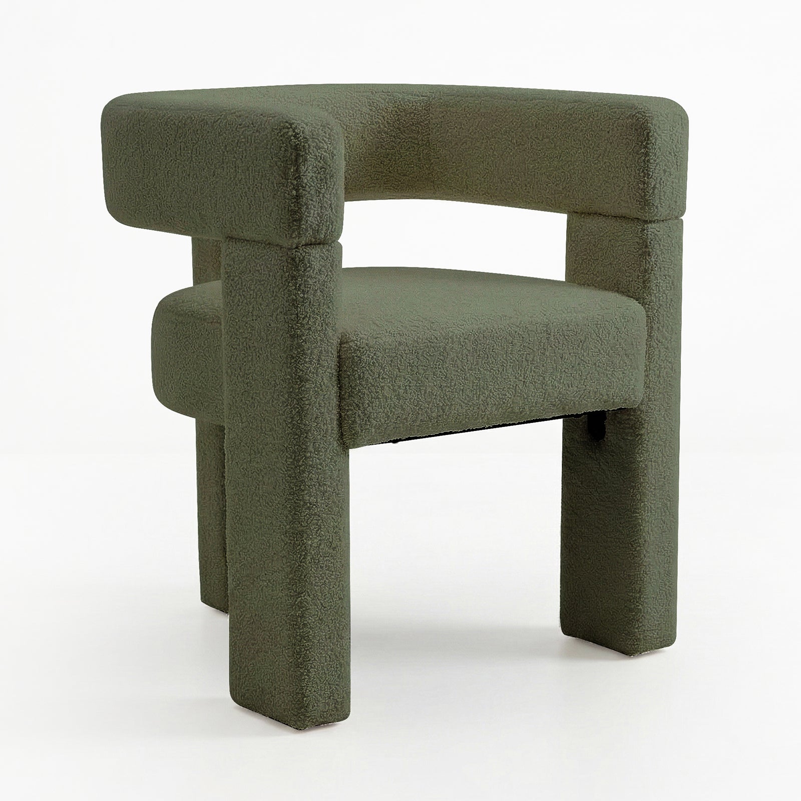 Utah Boucle Curved 3 Legged Accent Chair in Green, featuring a textured olive-green fabric with a chunky, geometric form, flat seat cushion, and continuous U-shaped backrest/armrest design.