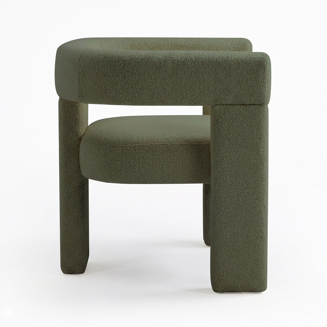Utah Bouclé Curved 3 Legged Accent Chair in Green features plush, rounded cushioning and a unique three-legged design, wrapped in textured boucle fabric, offering a modern, sculptural aesthetic.