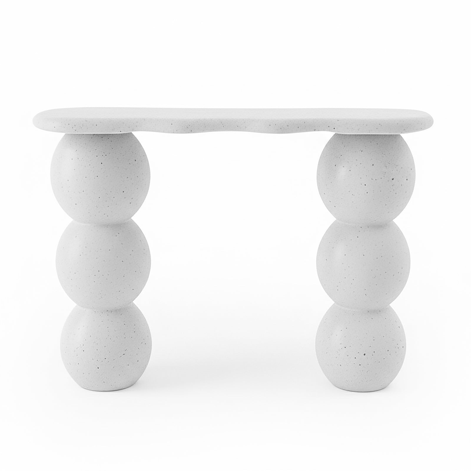 Modern white console table with wavy edges and stacked sphere legs on a white background
