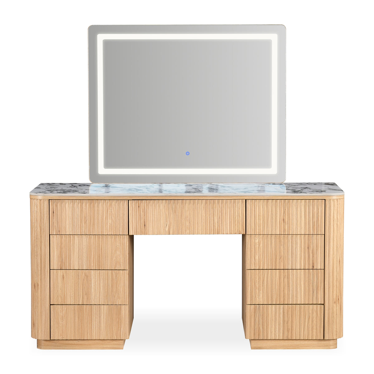 Natural oak vanity table with marble-look top, seven drawers, and rectangular LED mirror with touch control