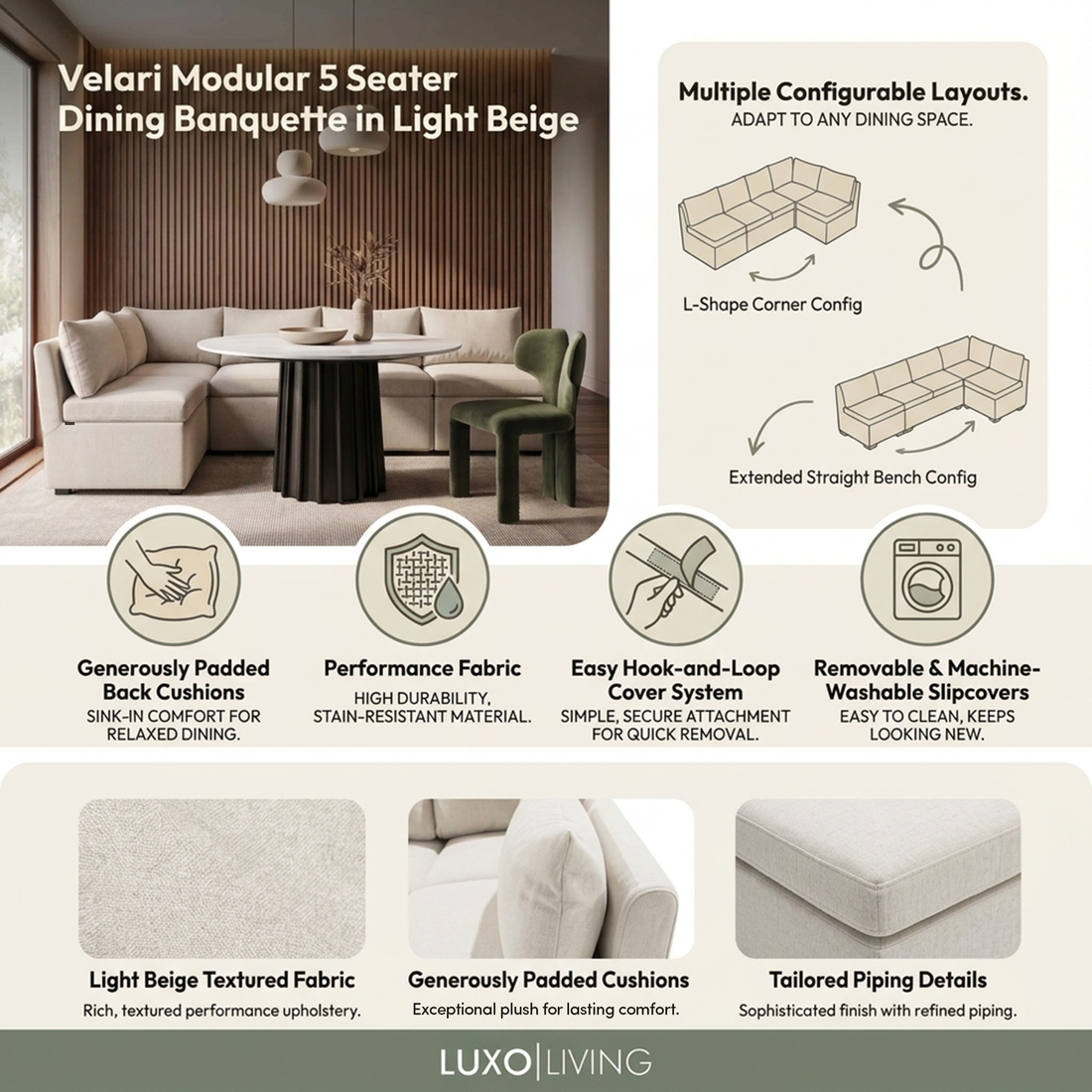 Velari Modular 5 Seater Dining Banquette in Light Beige