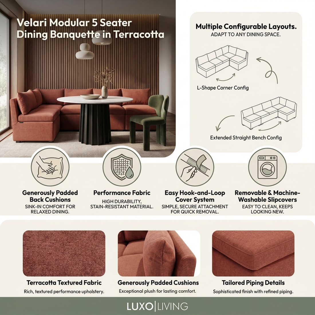 Velari Modular 5 Seater Dining Banquette in Terracotta