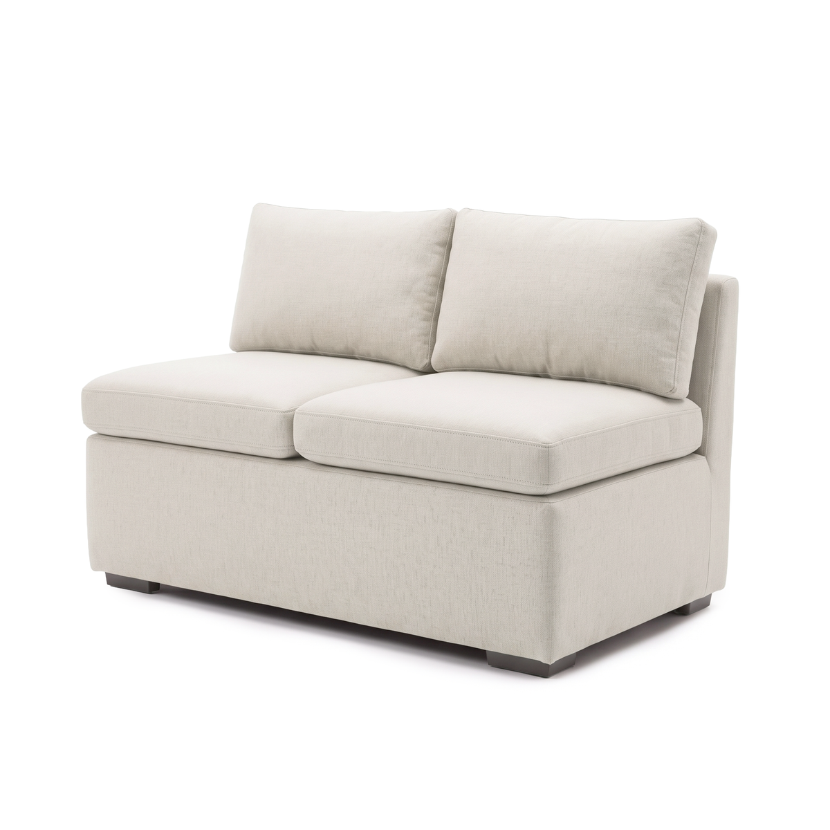 Cream upholstered two-seat loveseat shown from the front three-quarter view on a white background