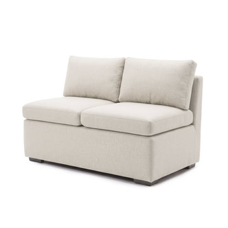 Cream upholstered two-seat loveseat shown from the front three-quarter view on a white background
