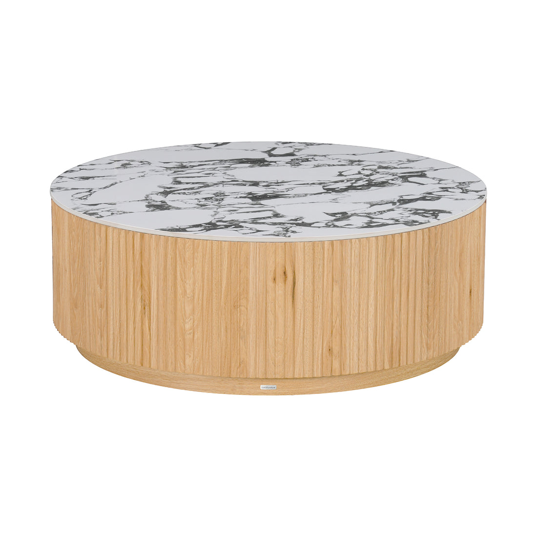 Round coffee table with wood base and marble-patterned top on white background