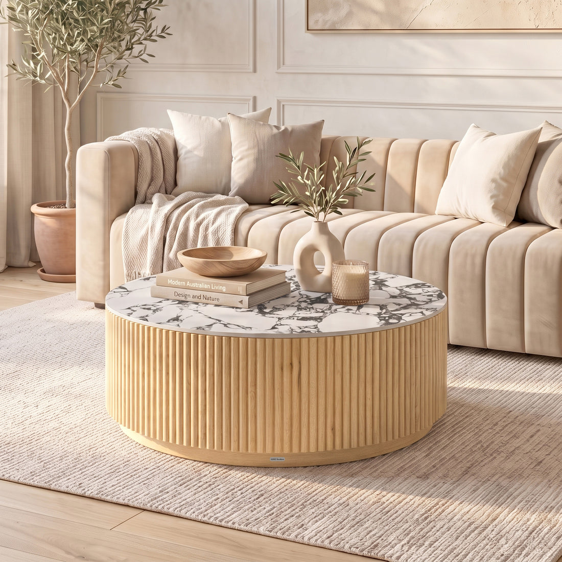 Round coffee table styled in a modern living room