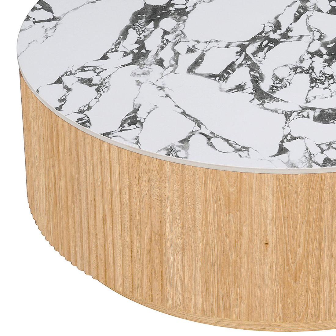 Round coffee table partially cropped on white background