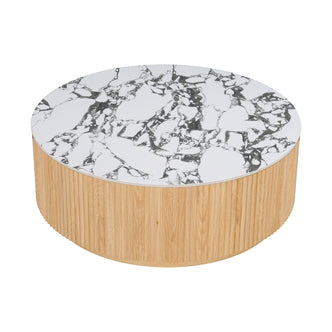 Round coffee table with marble top and grooved wood base on white background