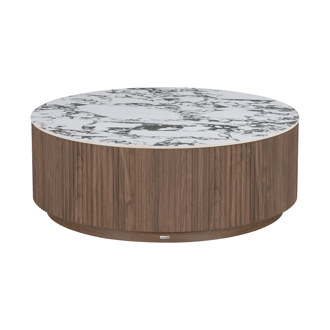 Round coffee table with wood veneer cylindrical base and white marble-look top on white background