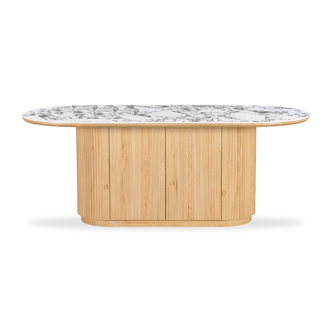 Modern rectangular kitchen island or counter with natural wood base and white marble top on a white background