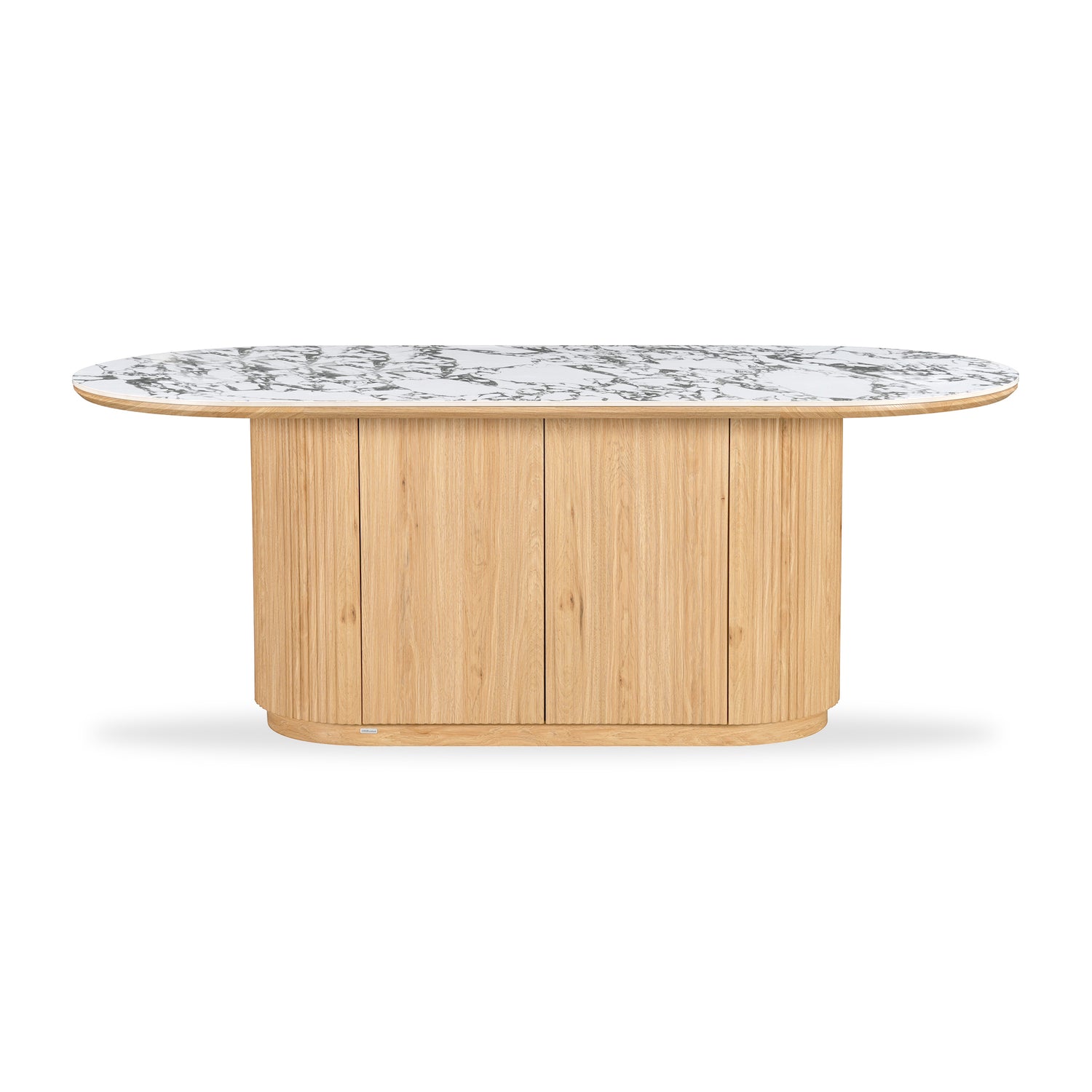 Modern rectangular kitchen island or counter with natural wood base and white marble top on a white background