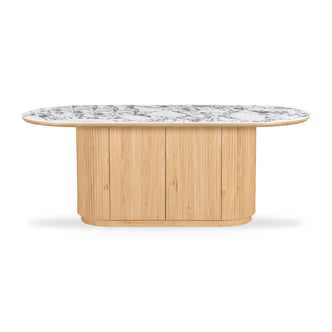 Modern rectangular kitchen island or counter with natural wood base and white marble top on a white background