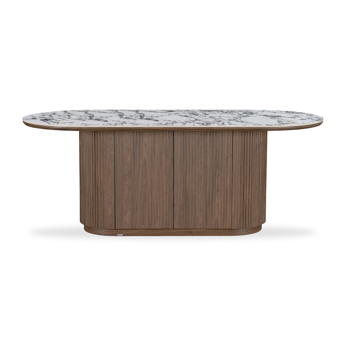 Modern sideboard or console table with marble top and fluted wooden base on white background