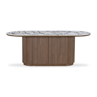 Modern sideboard or console table with marble top and fluted wooden base on white background