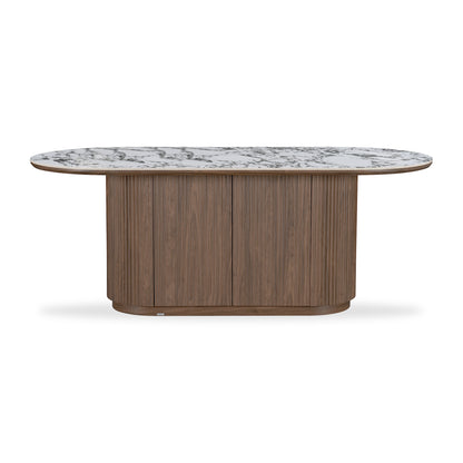 Modern sideboard or console table with marble top and fluted wooden base on white background